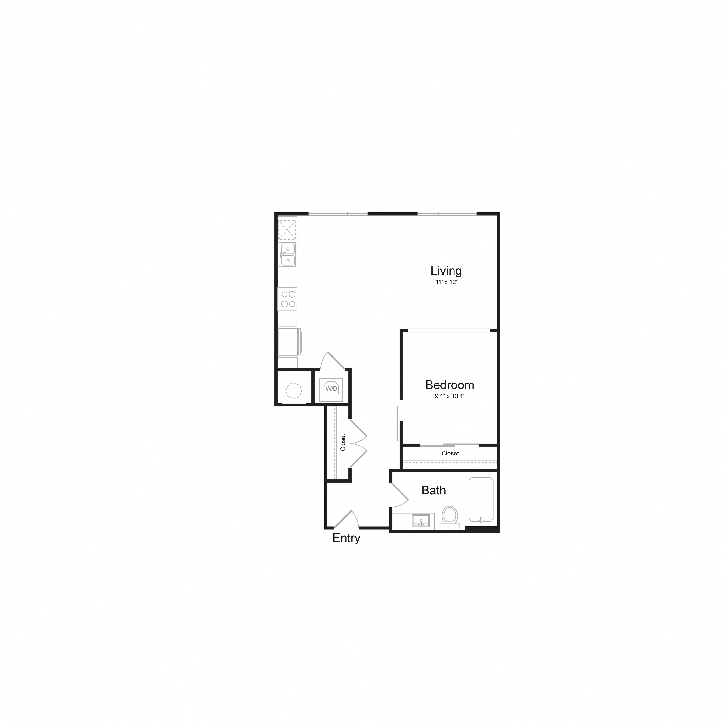 Floor plan for 1 bed, 1 bath, 660 sqft